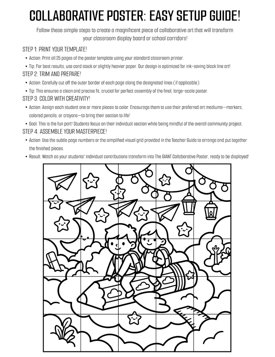 Collaborative poster setup guide: print 25 pieces, trim, color, and assemble a scene of children on a flying pencil