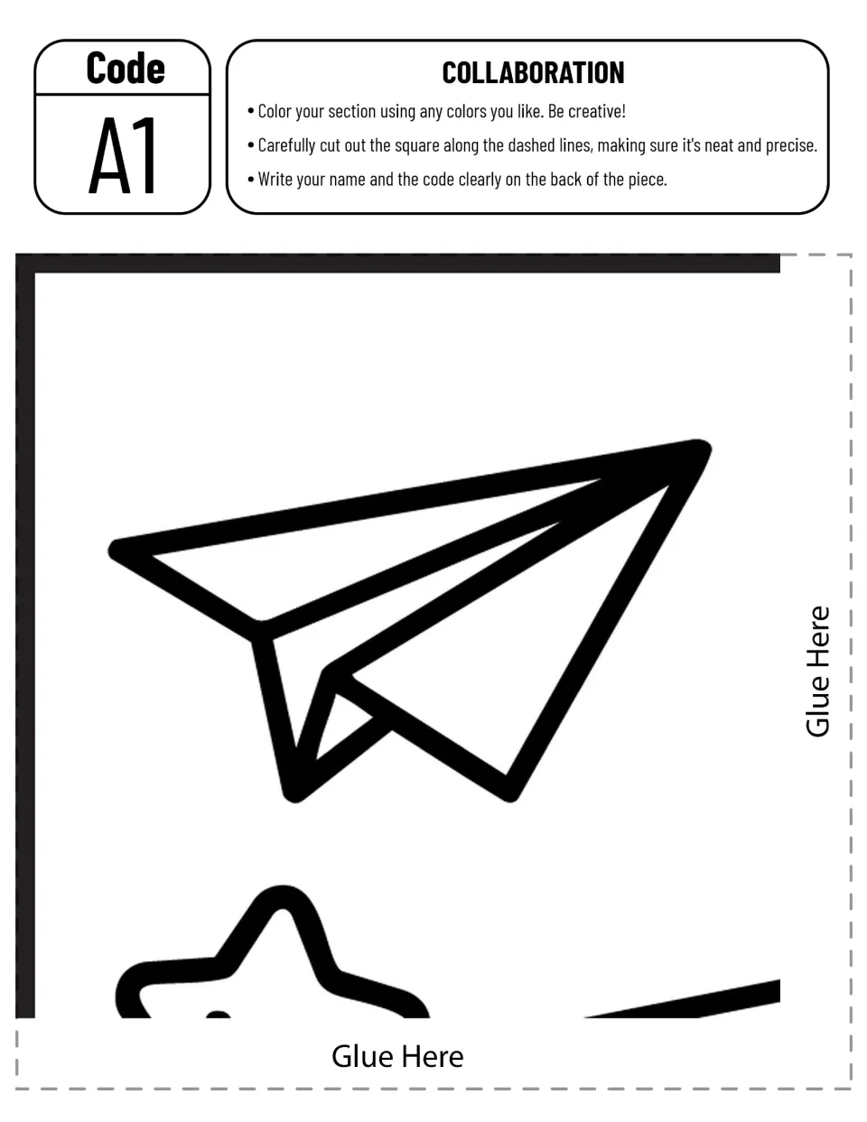Collaborative flying-pencil poster piece A1 to color and cut out, featuring a paper airplane and part of a star