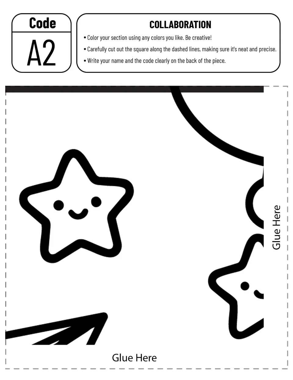 Collaborative flying-pencil poster piece A2 to color and cut out, featuring smiling stars and part of an airplane