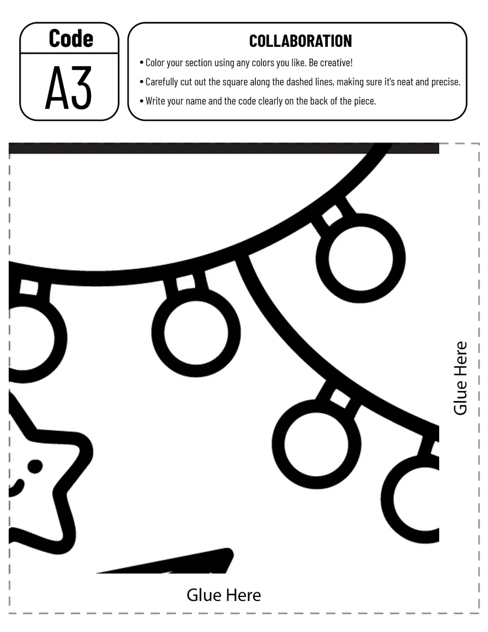 Collaborative flying-pencil poster piece A3 to color and cut out, featuring hanging round lights and a partial star