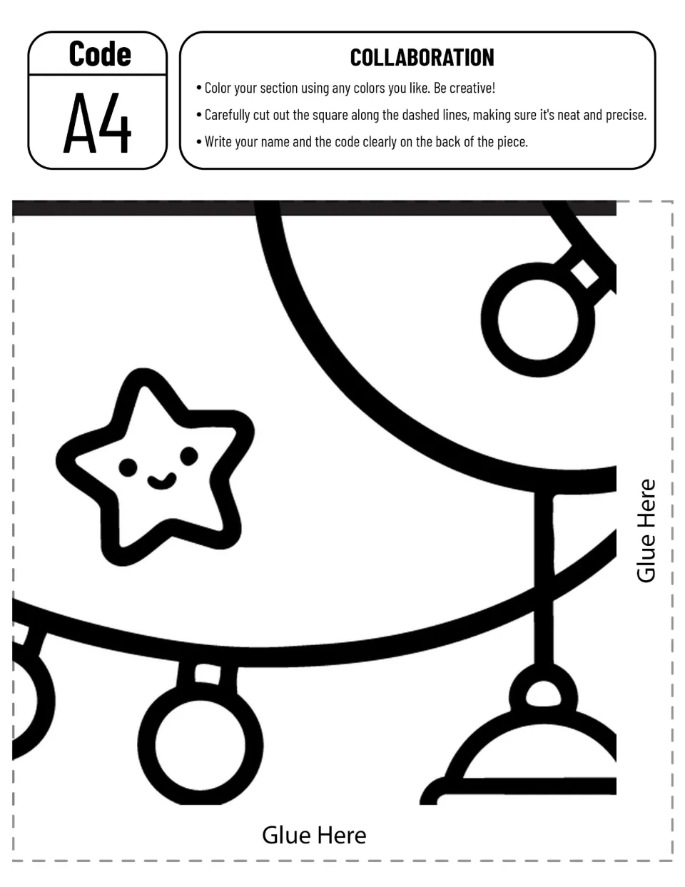 Collaborative flying-pencil poster piece A4 to color and cut out, featuring a smiling star, lights, and lantern top