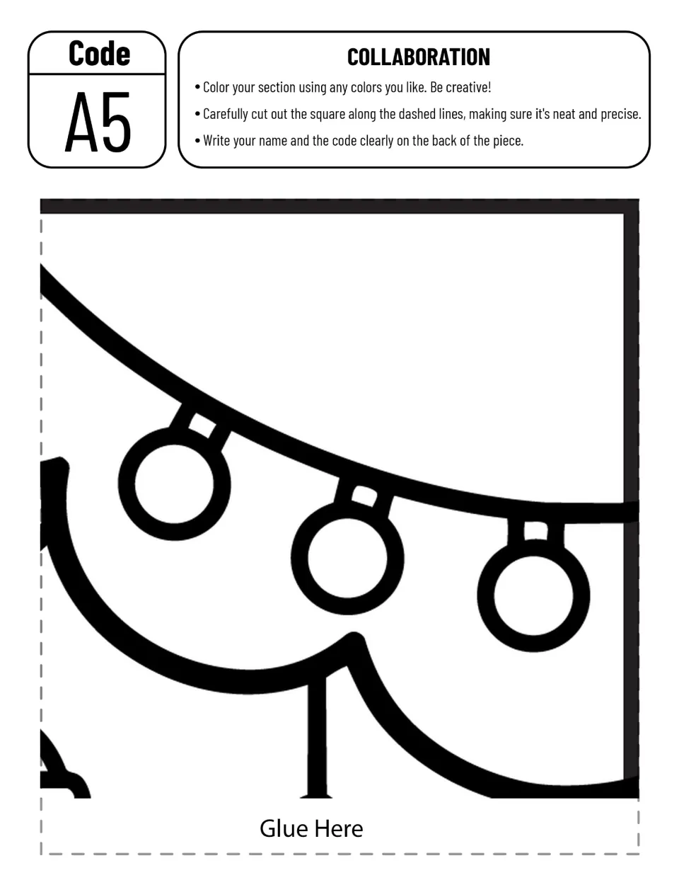 Collaborative flying-pencil poster piece A5 to color and cut out, featuring curved strings of hanging round lights