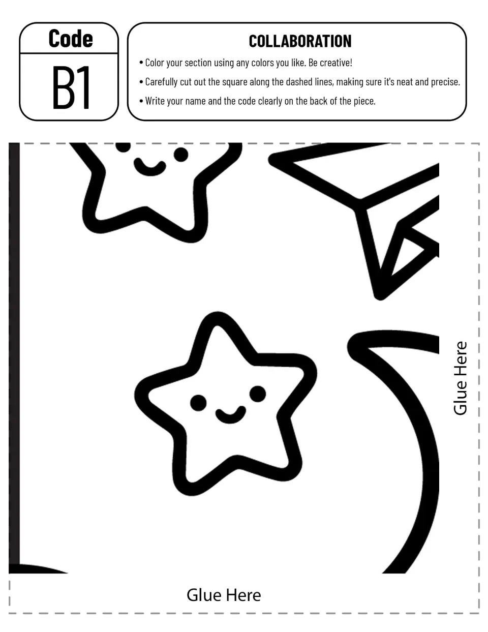 Collaborative flying-pencil poster piece B1 to color and cut out, featuring stars and parts of an airplane and moon