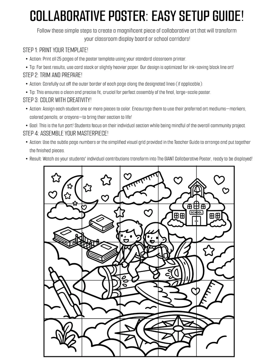 Collaborative poster setup guide: print 25 pieces, trim, color, and assemble the flying pencil scene