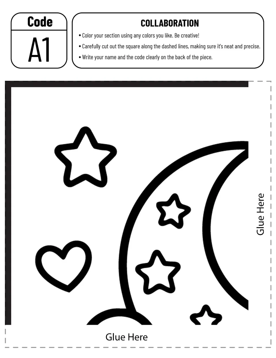 Collaborative poster piece A1: crescent moon, stars, and a heart to color for the flying pencil scene