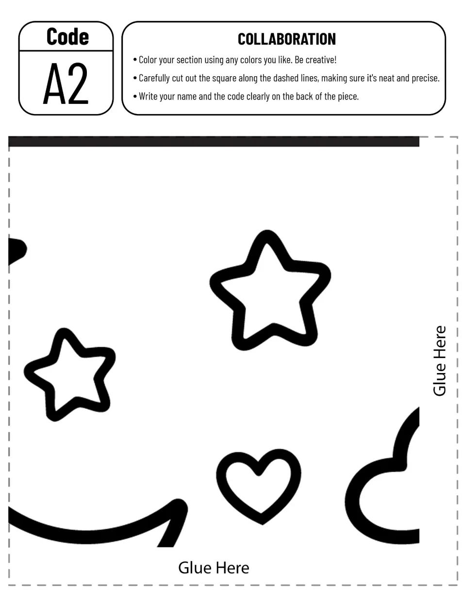 Collaborative poster piece A2: stars, a heart, and parts of the moon and a cloud in the flying pencil scene