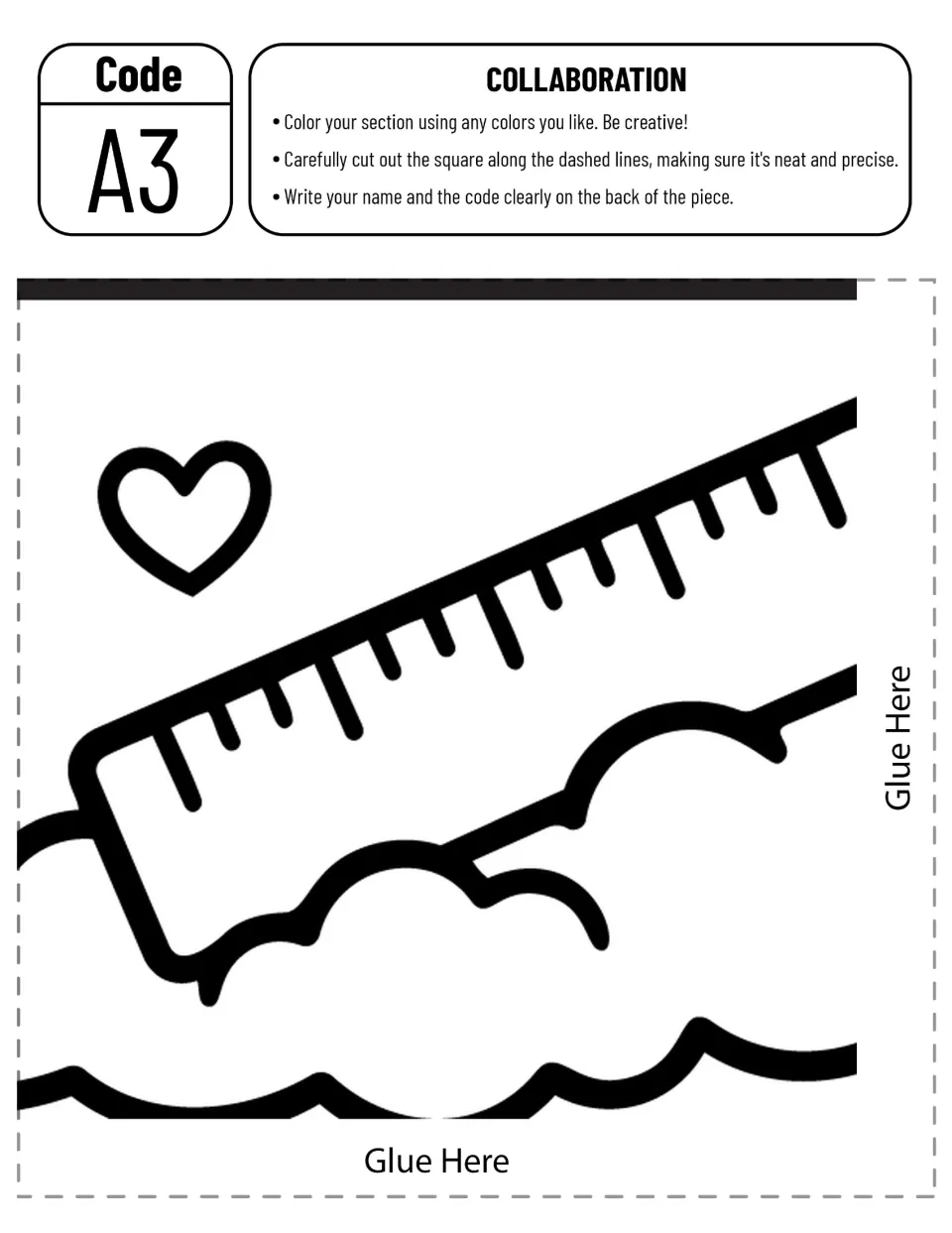 Collaborative poster piece A3: a floating ruler, clouds, and a heart to color for the flying pencil scene
