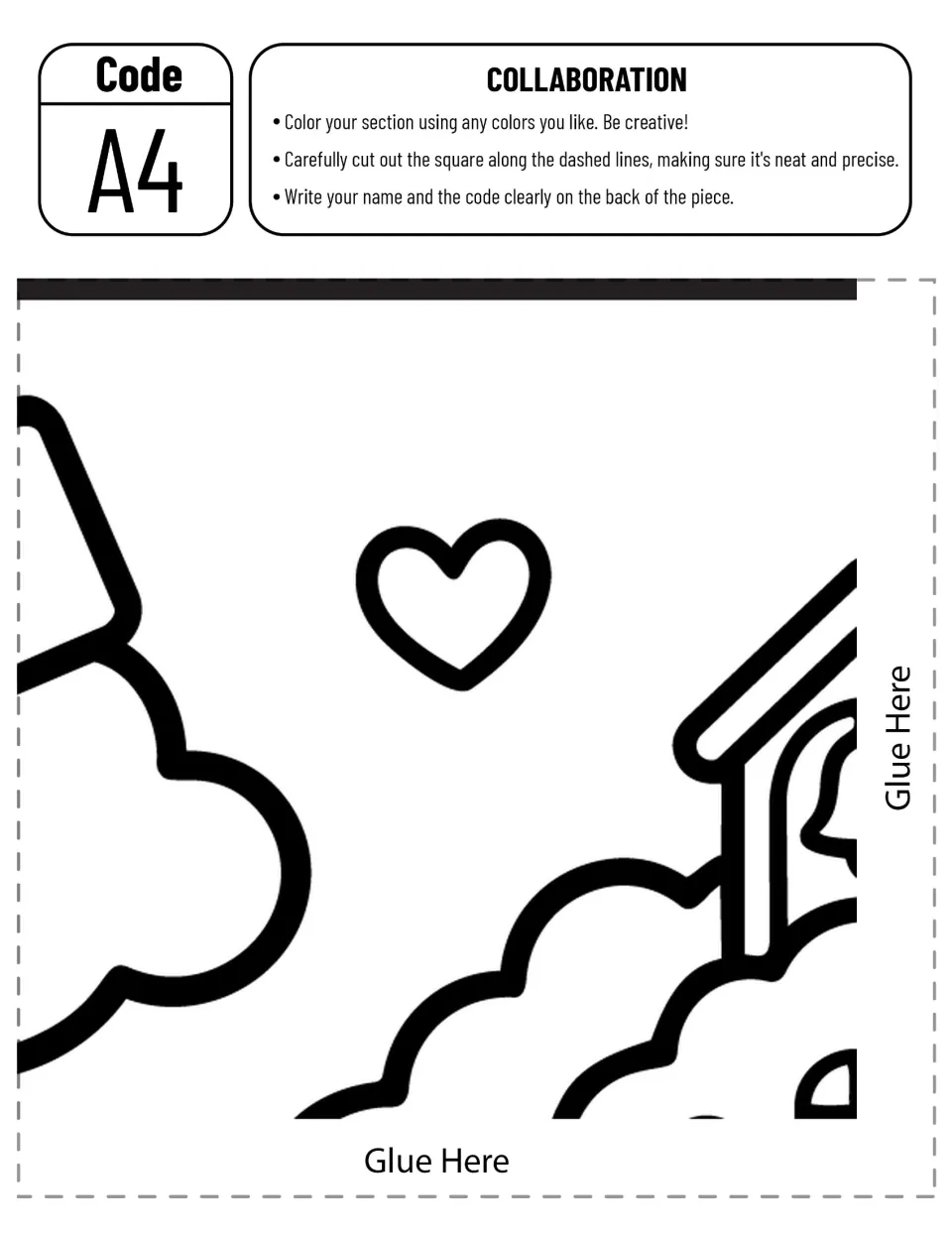 Collaborative poster piece A4: a heart, clouds, and part of the schoolhouse bell tower to color and cut