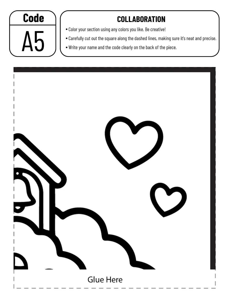 Collaborative poster piece A5: two hearts, clouds, and part of the schoolhouse bell to color and cut
