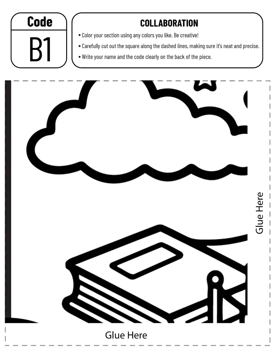 Collaborative poster piece B1: a large cloud, a floating book, and part of a bridge to color and cut