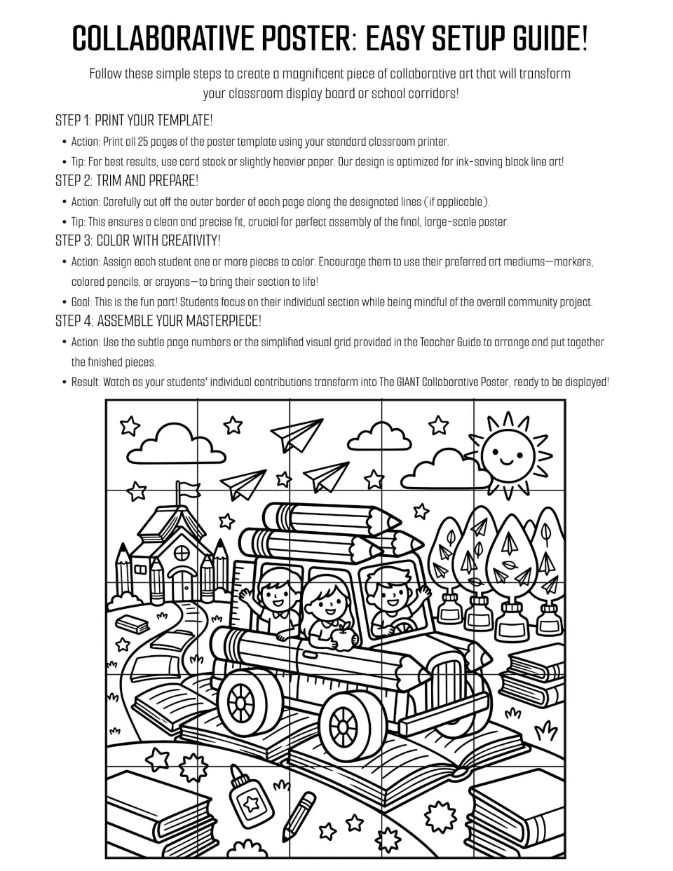 Collaborative poster setup guide: print 25 pieces, trim, color, and assemble the school-themed pencil car scene