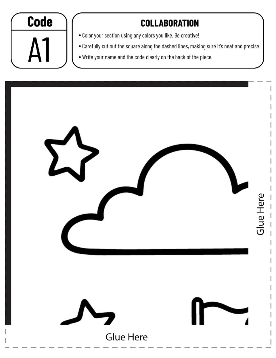 Collaborative poster piece A1 to color and cut out: a large cloud, stars, and part of the schoolhouse flag