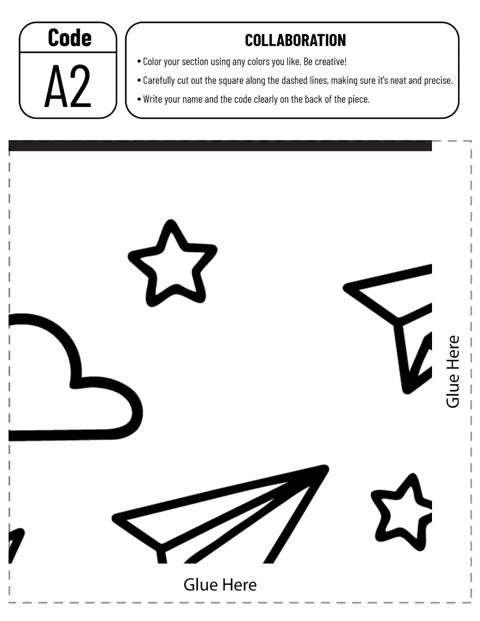 Collaborative poster piece A2 to color and cut out: paper airplane sections, stars, and part of a cloud