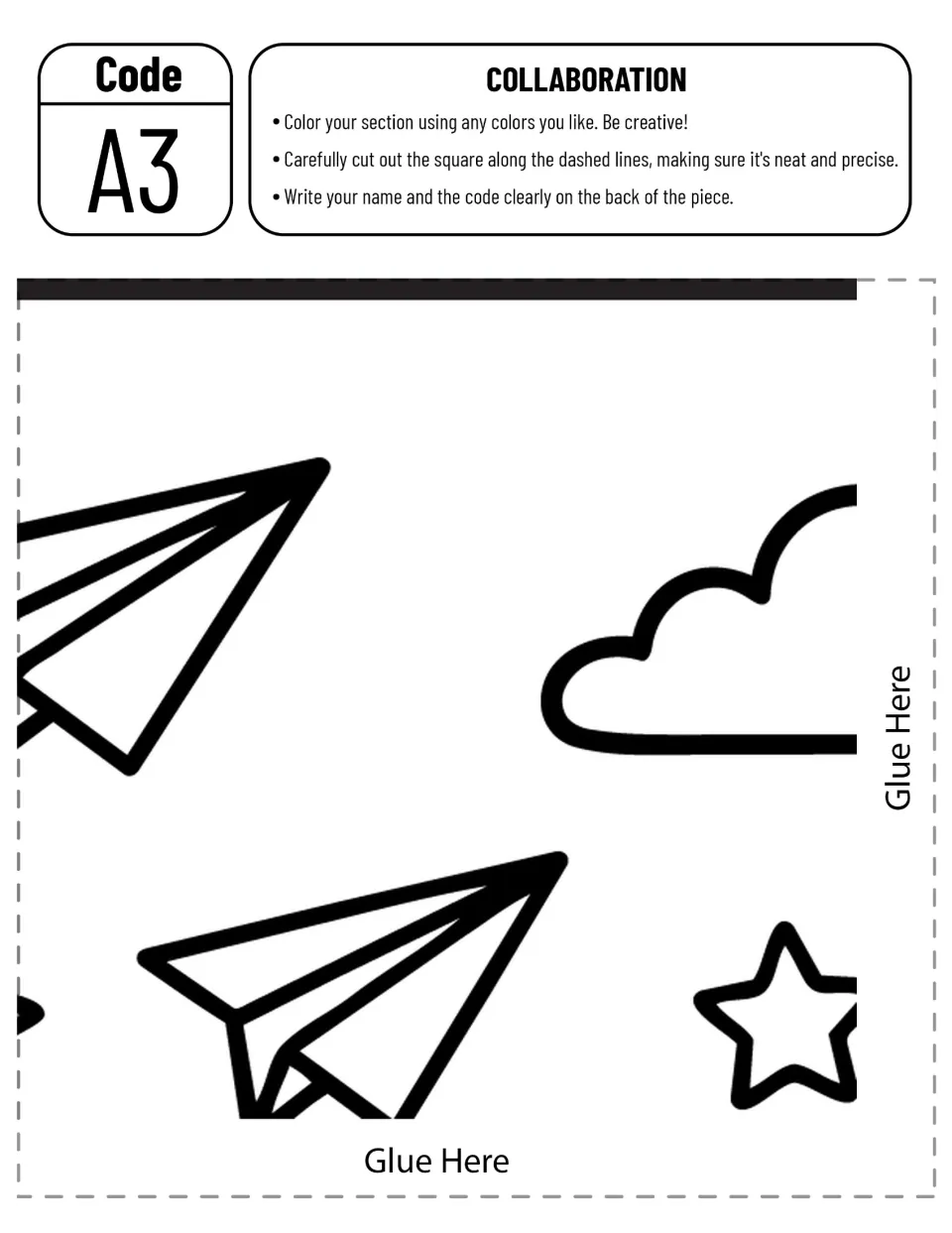 Collaborative poster piece A3 to color and cut out: two paper airplane sections, a cloud, and a star
