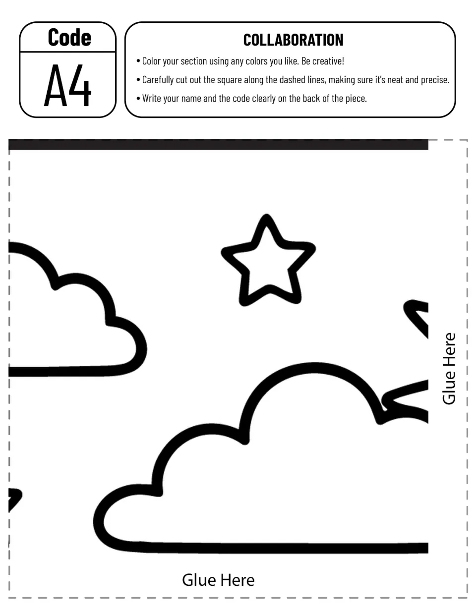 Collaborative poster piece A4 to color and cut out: two cloud sections, a star, and part of the sun