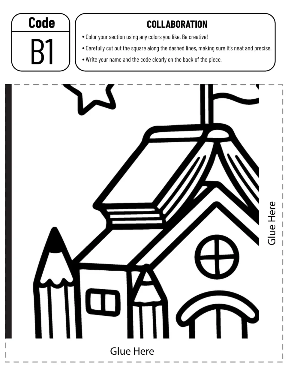 Collaborative poster piece B1 to color and cut out: a schoolhouse with a book roof, flag, and pencil towers