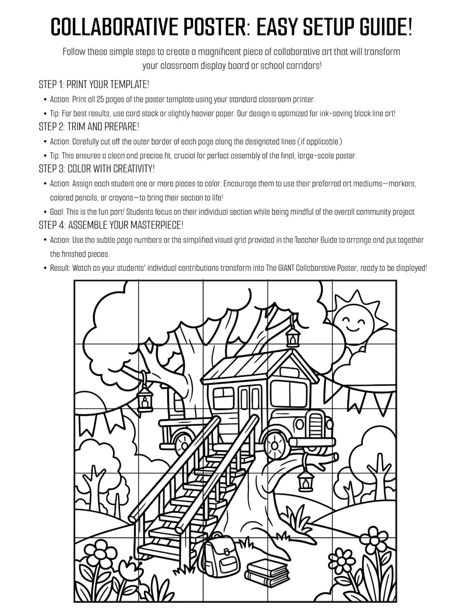 Collaborative poster setup guide: four steps to print, trim, color and assemble 25 pages into a giant treehouse bus