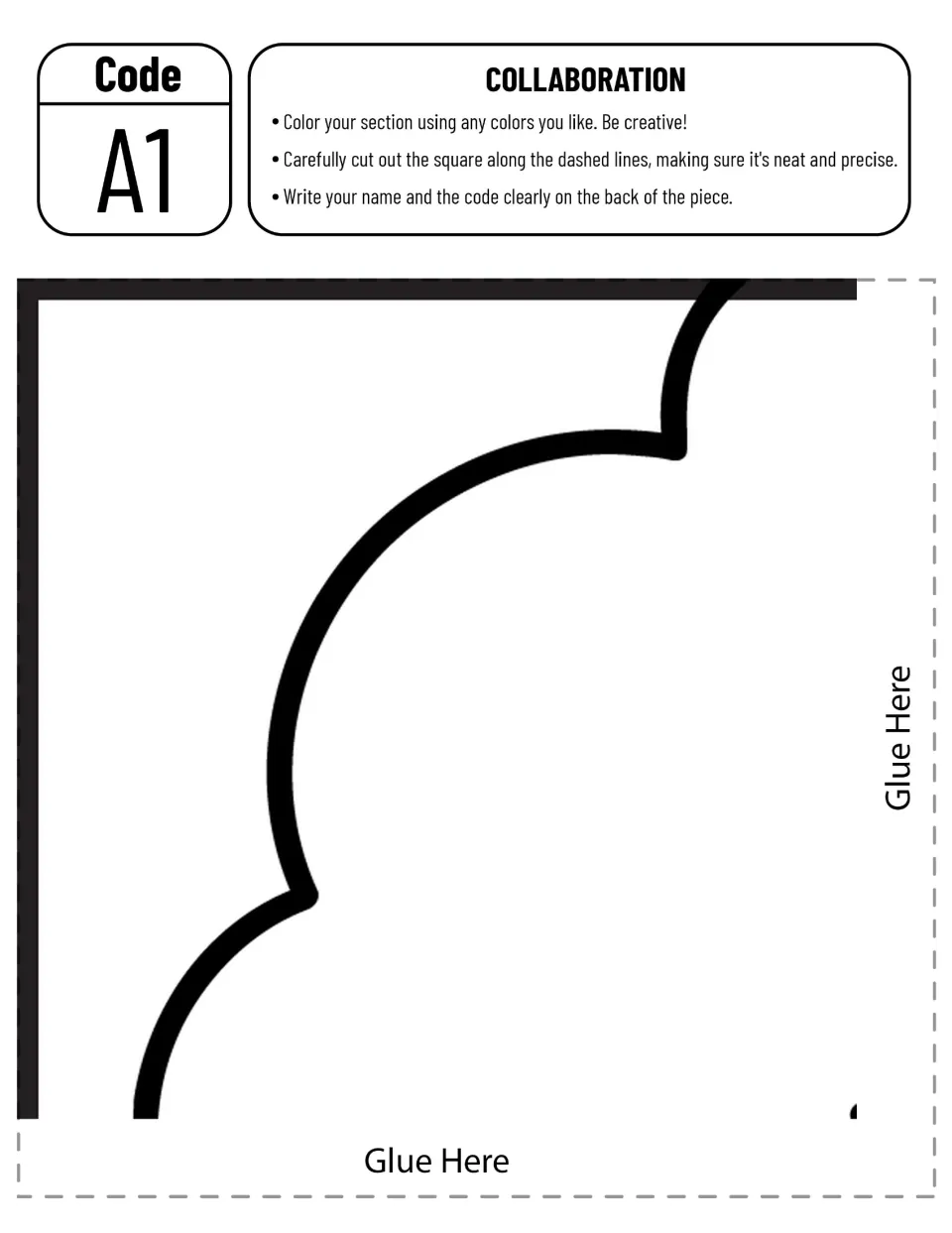 Poster cut-out piece A1: students color the top-left corner showing a tree's leafy edge, cut it out and write their name