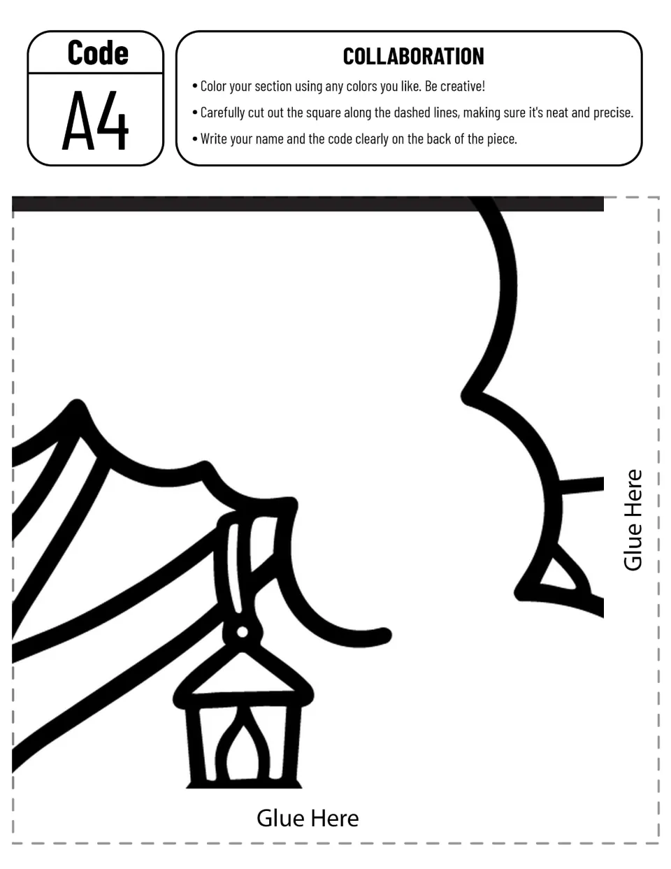 Poster cut-out piece A4: students color a hanging lantern below the tree's leaves, cut it out and write the code