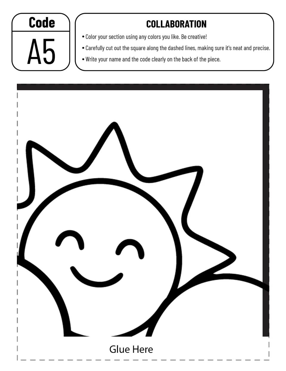 Poster cut-out piece A5: students color a smiling sun peeking over a cloud in the top-right corner, cut and label it