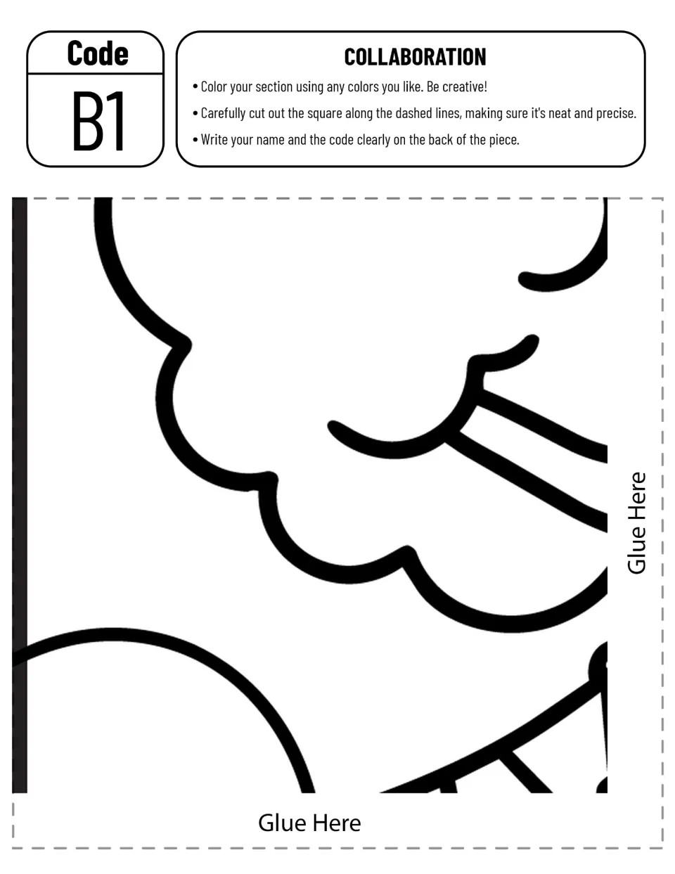 Poster cut-out piece B1: students color leafy tree clusters and a hill on the left edge, cut it out and add their name