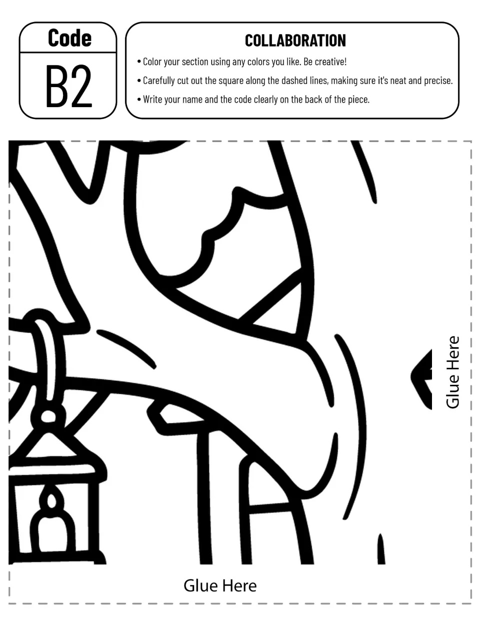 Poster cut-out piece B2: students color the tree trunk and a hanging lantern, cut it out and write the code