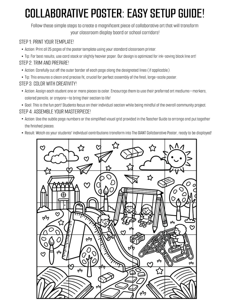 Collaborative poster setup guide: print 25 pieces, trim, color, and assemble the school supply playground