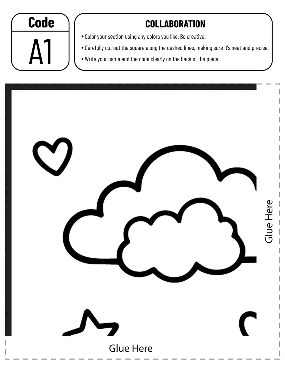 Collaborative playground poster piece A1: overlapping clouds and a heart to color, cut out, and assemble