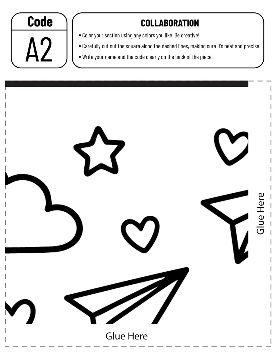 Collaborative playground poster piece A2: paper airplanes, hearts, a star, and part of a cloud to color