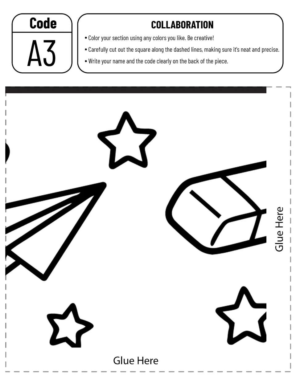 Collaborative playground poster piece A3: an eraser, paper airplane section, and three stars to color