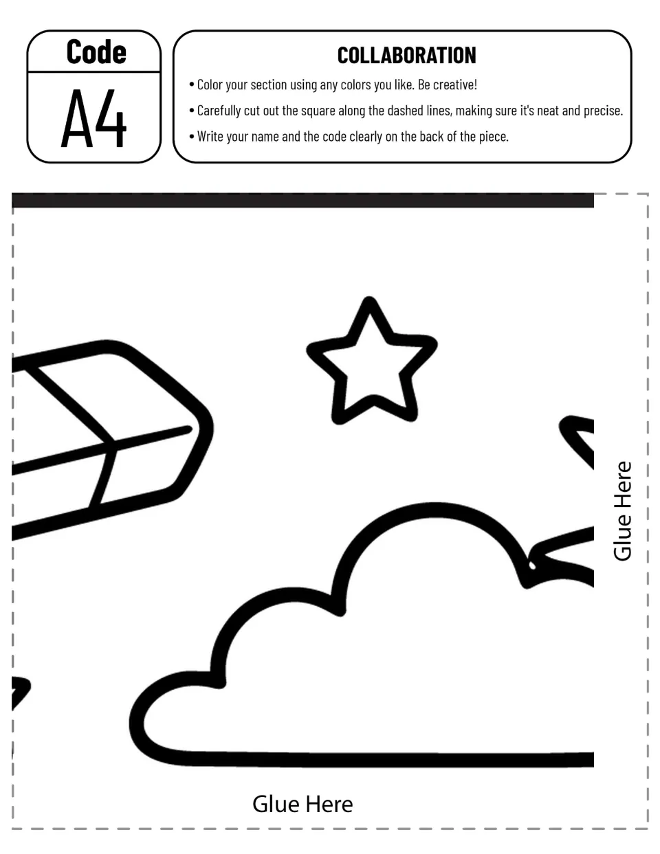 Collaborative playground poster piece A4: a cloud, star, and portions of an eraser and sun to color