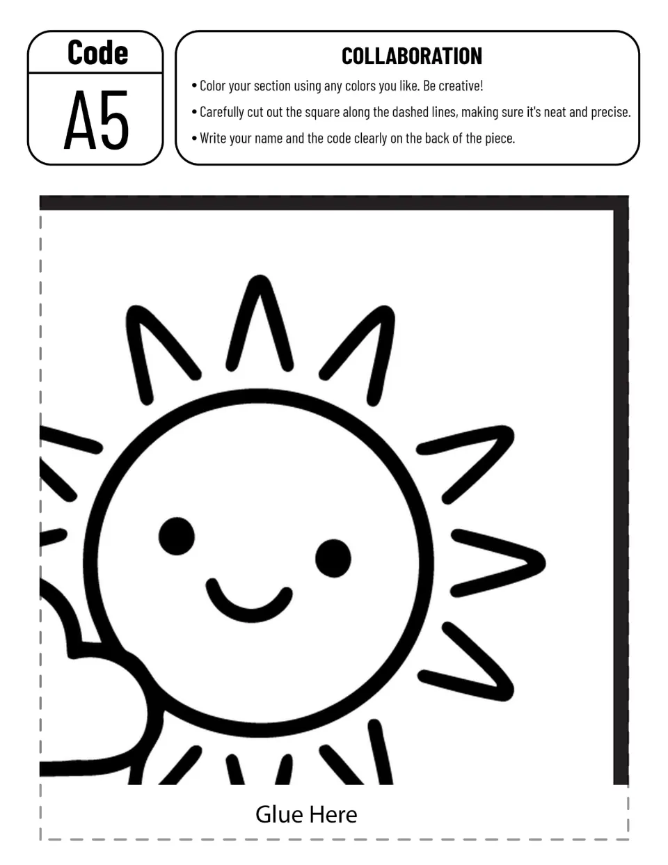 Collaborative playground poster piece A5: a smiling sun and part of a cloud to color, cut out, and assemble
