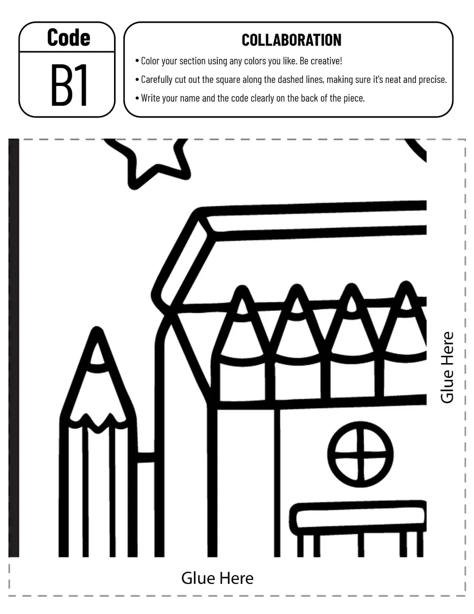 Collaborative playground poster piece B1: part of a crayon-box schoolhouse and a large pencil to color