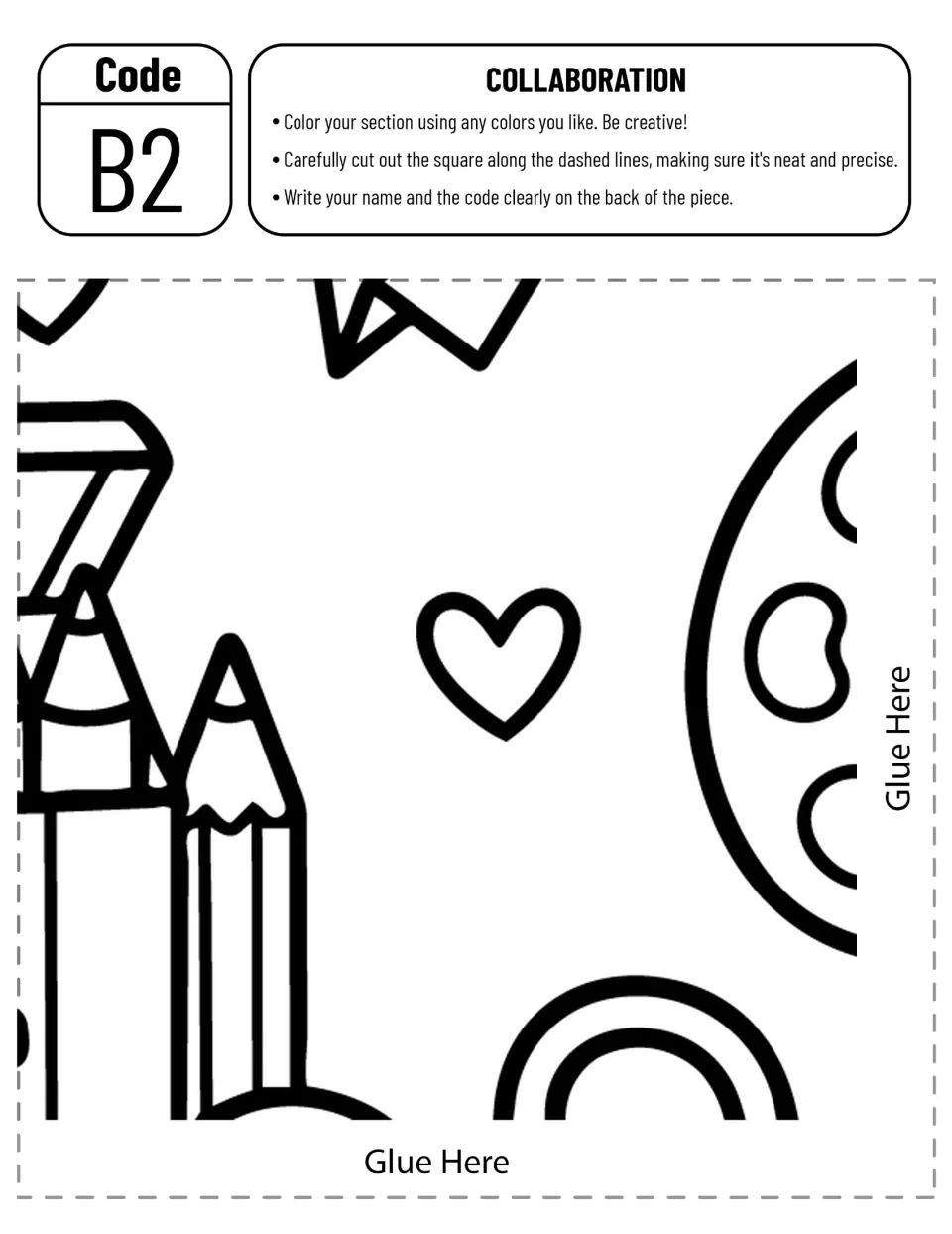 Collaborative playground poster piece B2: schoolhouse, palette tree, and slide ladder sections to color