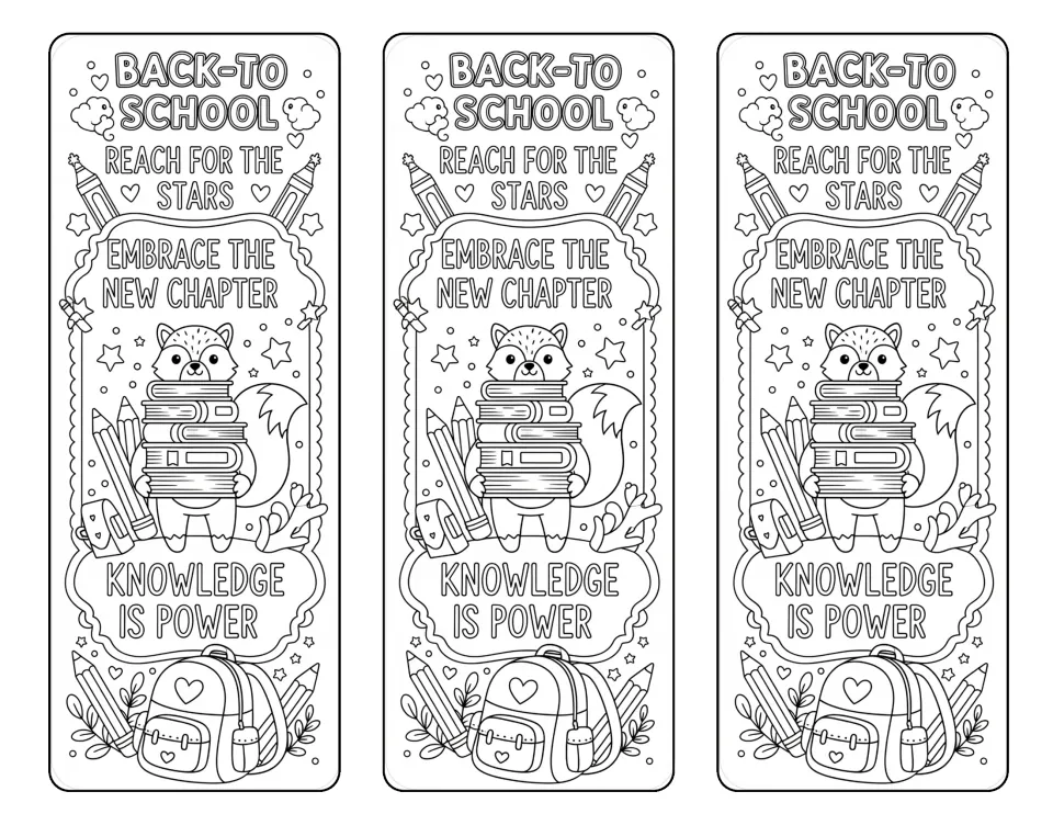 Three coloring bookmarks say "Reach for the Stars," "Embrace the New Chapter," and "Knowledge Is Power."