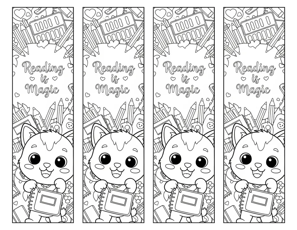 Four coloring bookmarks say "Reading is Magic" above a cat holding a notebook, surrounded by school supplies.