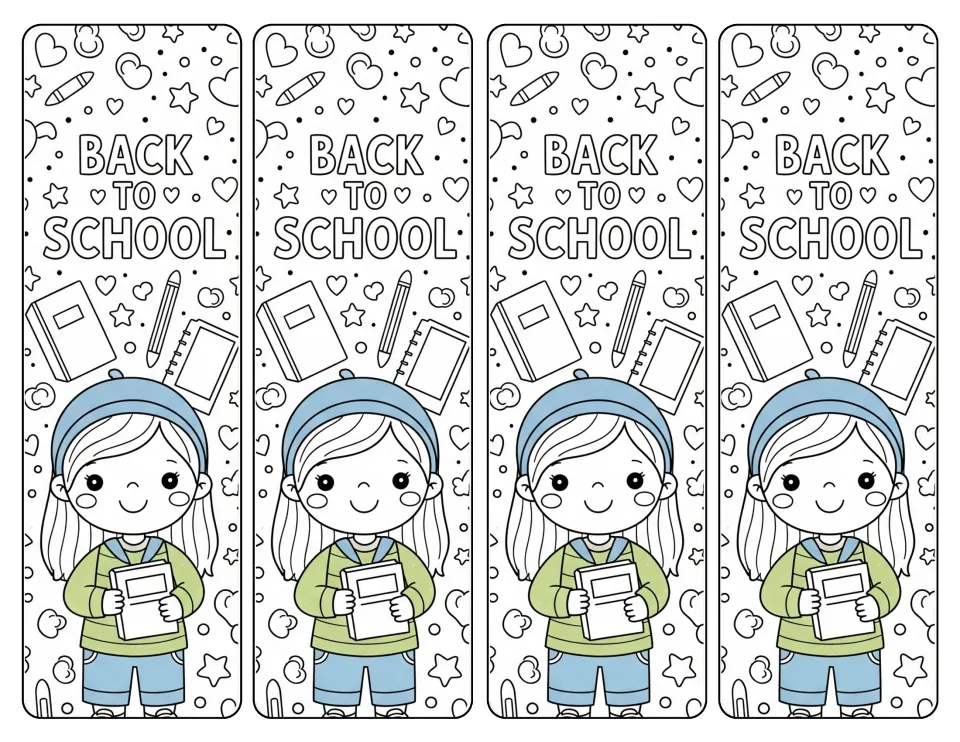 Four "Back to School" coloring bookmarks show a student holding books, wearing a blue hat and green top.