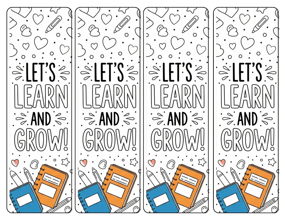Four coloring bookmarks say "Let's Learn and Grow!" above blue and orange notebooks and writing supplies.