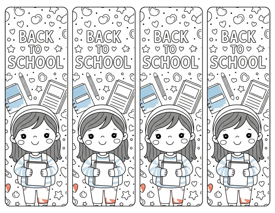 Four "Back to School" coloring bookmarks feature a student holding a book and wearing a blue-striped shirt.