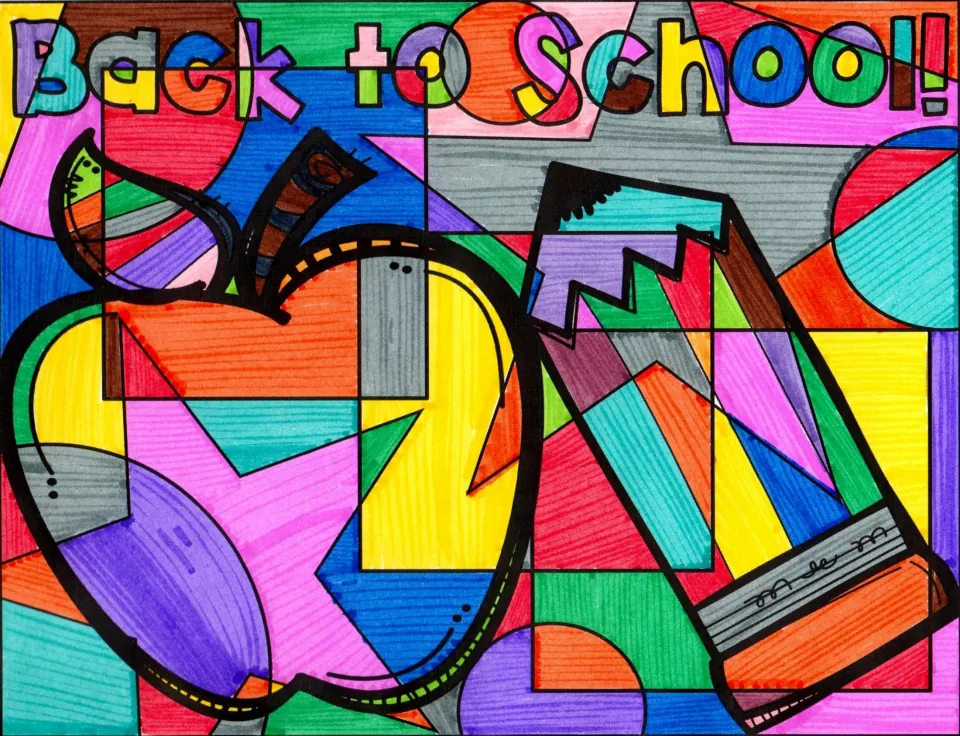 Completed coloring example featuring an apple, a pencil, geometric shapes, and the words “Back to School!”