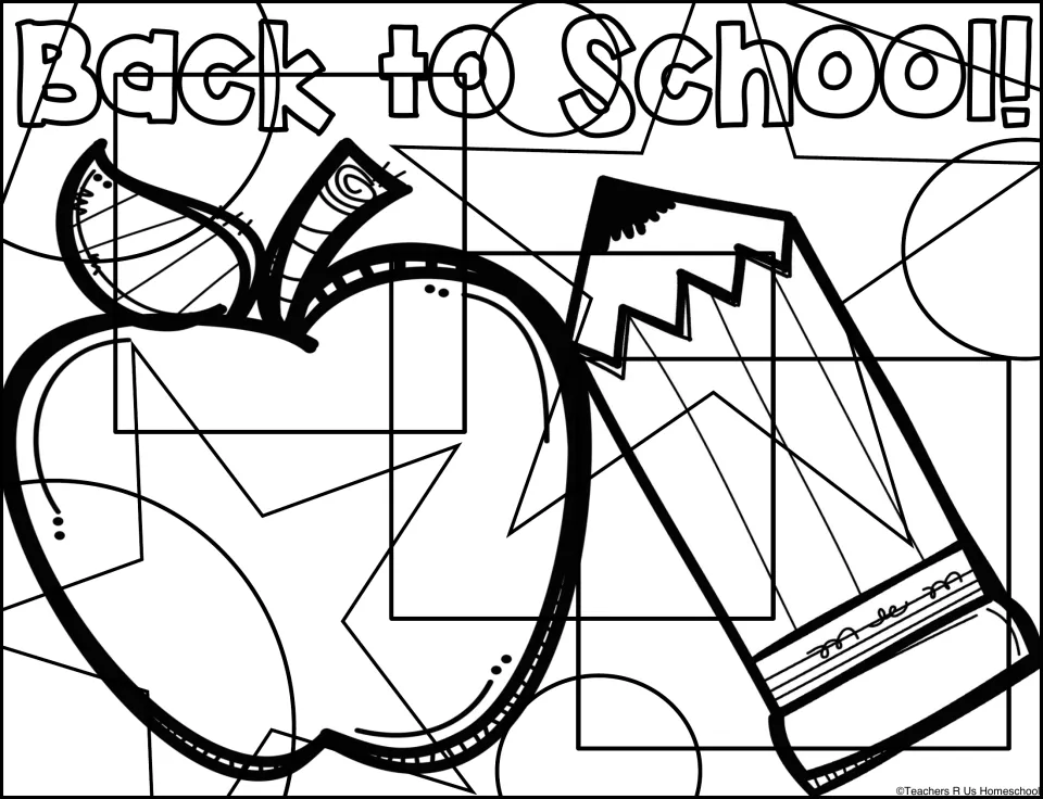 Detailed back-to-school coloring page featuring an apple, a pencil, and the words “Back to School!”