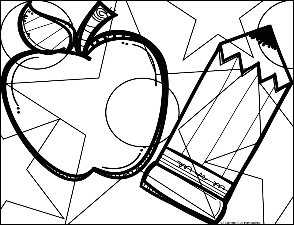 Simpler back-to-school coloring page featuring a large apple and pencil divided by geometric shapes.