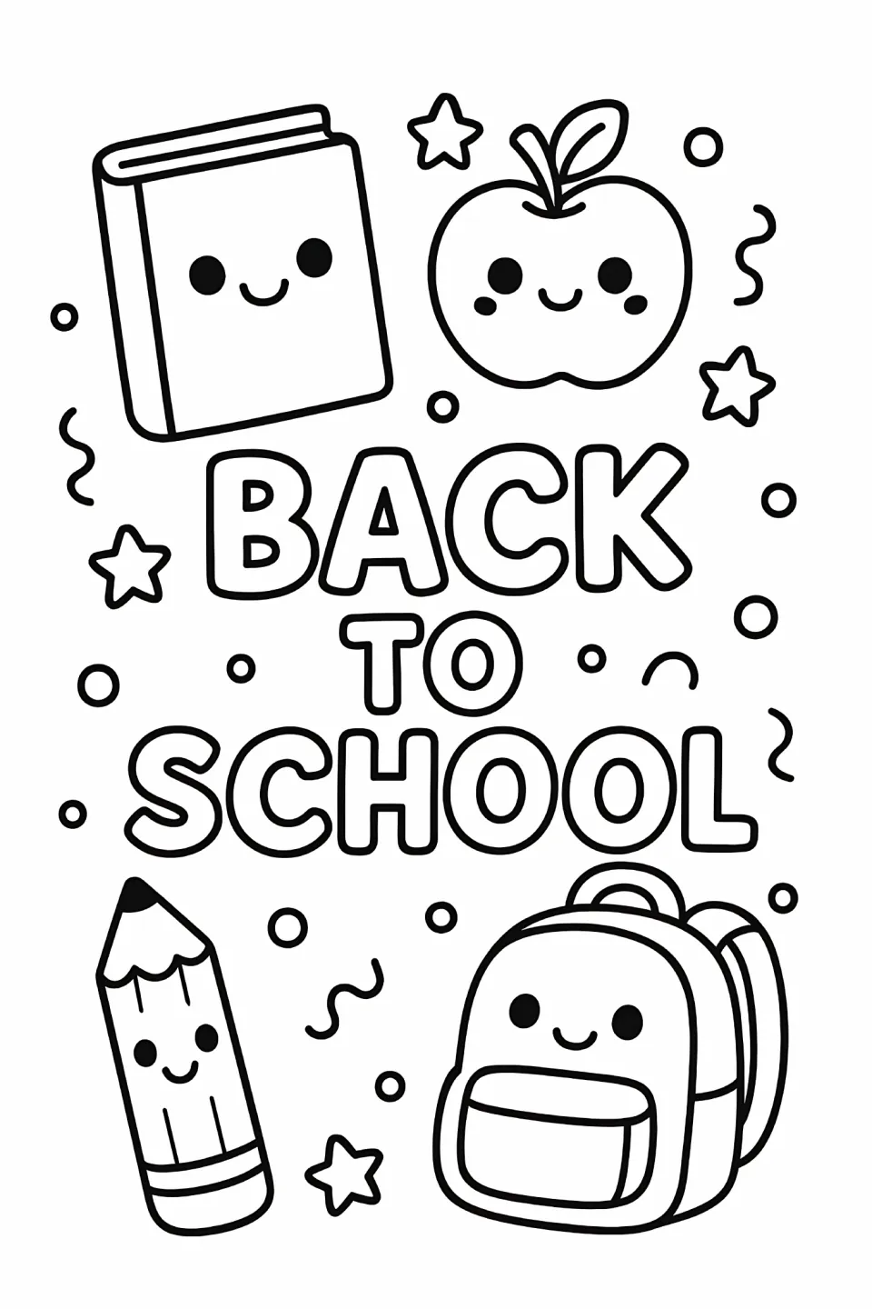 Back-to-school coloring sheet featuring “Back to School” lettering and a smiling book, apple, pencil, and backpack