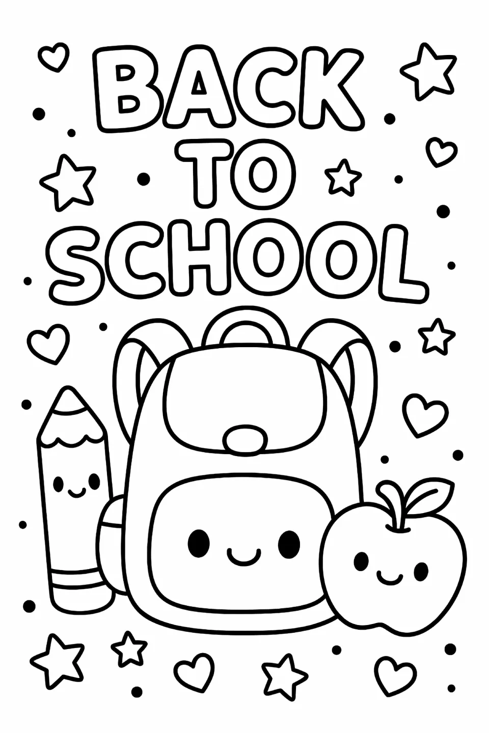 Back-to-school coloring sheet featuring “Back to School” above a large smiling backpack, pencil, and apple