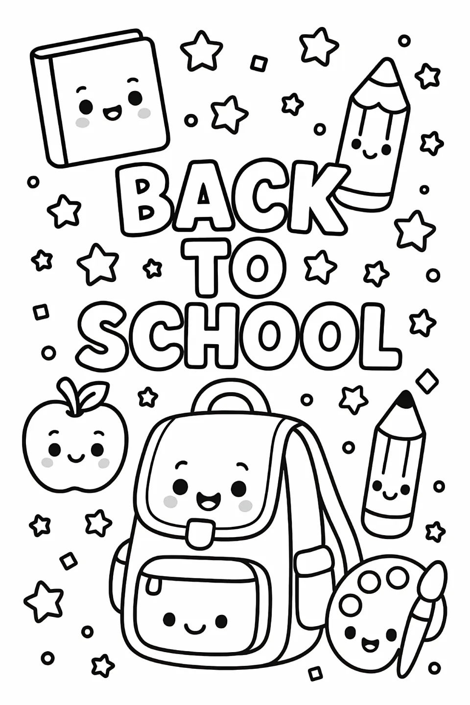 Back-to-school coloring sheet with “Back to School,” a book, two pencils, apple, backpack, and paint palette