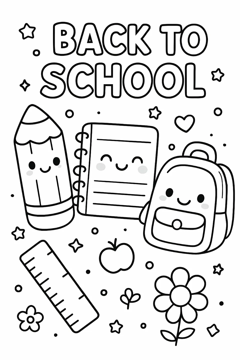 Back-to-school coloring sheet with “Back to School,” a pencil, spiral notebook, backpack, ruler, and flowers