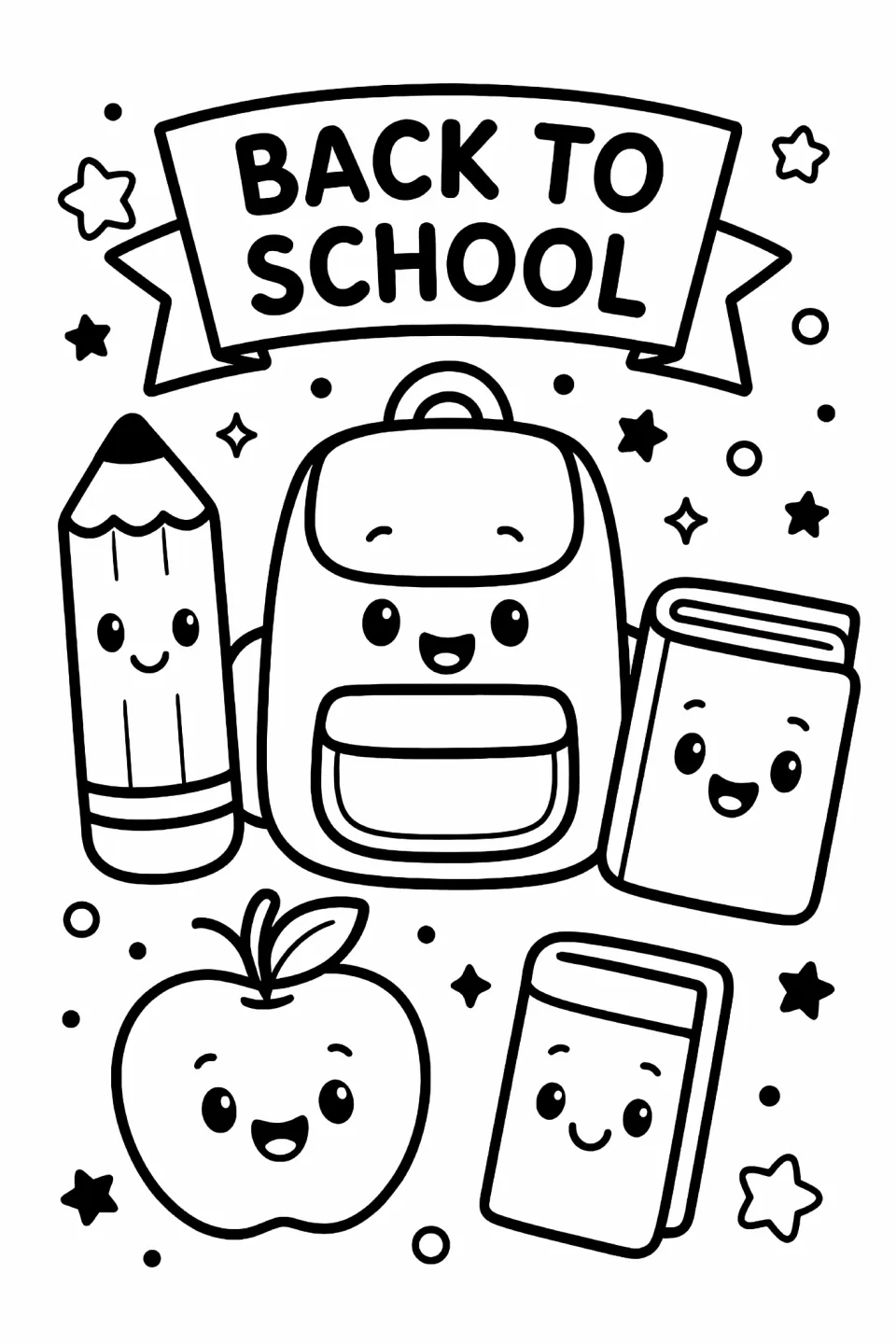 Back-to-school coloring sheet featuring a “Back to School” banner, smiling backpack, pencil, book, and apple