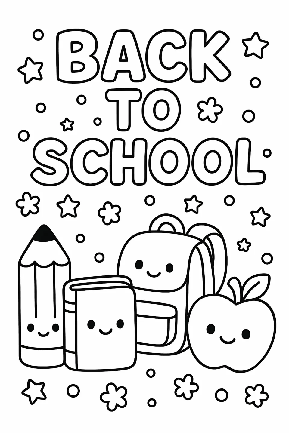 Back-to-school coloring sheet featuring “Back to School” lettering above a smiling pencil, book, backpack, and apple