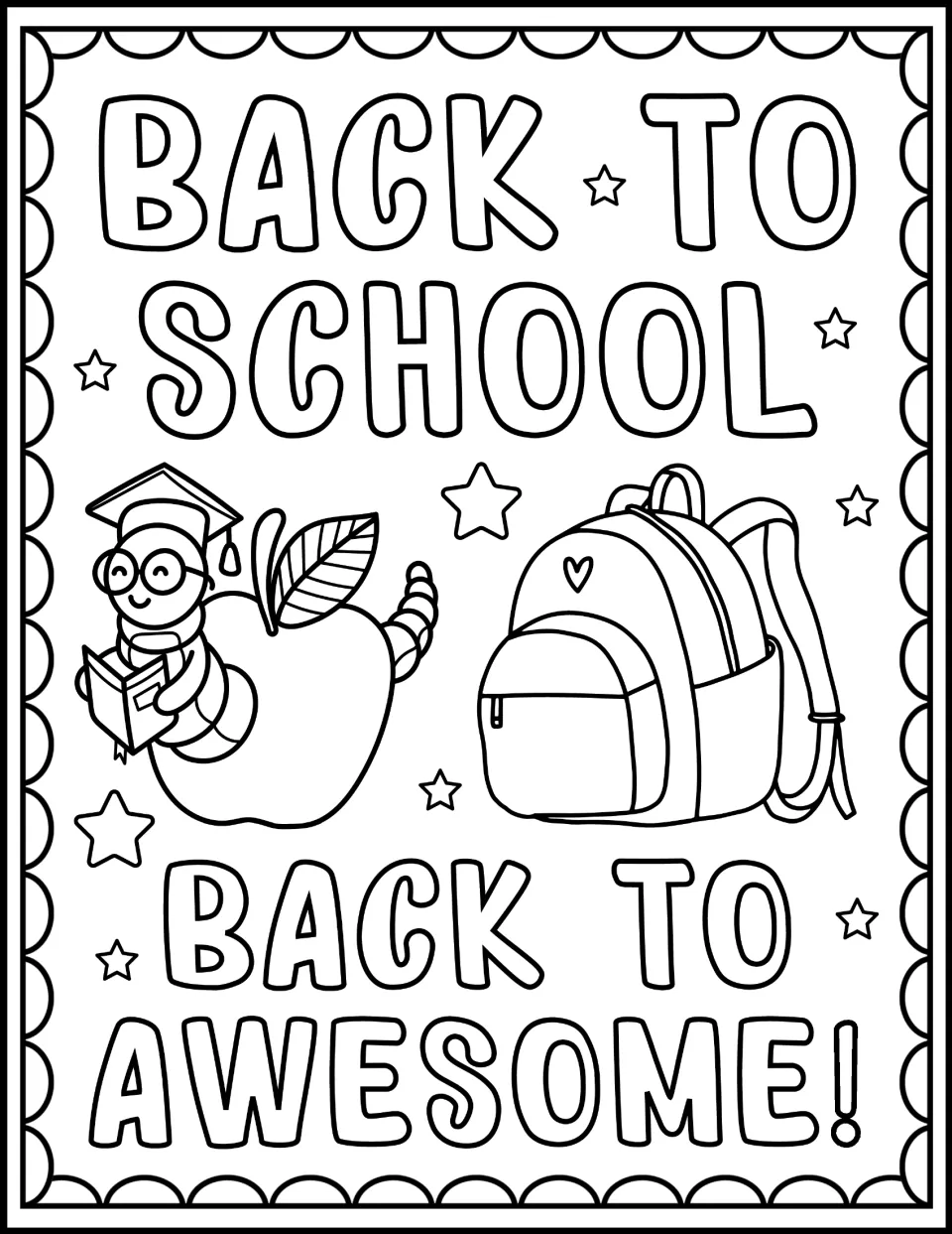 Back to School, Back to Awesome! coloring page: students color a bookworm in a grad cap on an apple and a backpack