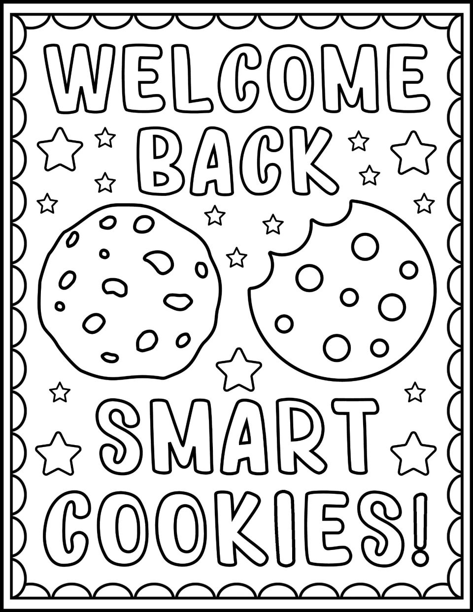 Welcome Back Smart Cookies! coloring page: students color two chocolate chip cookies, one with a bite, among stars